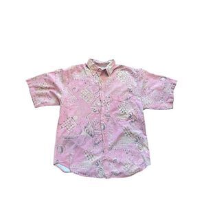 Vintage 80s tomato pink and yellow abstract button down short sleeve top